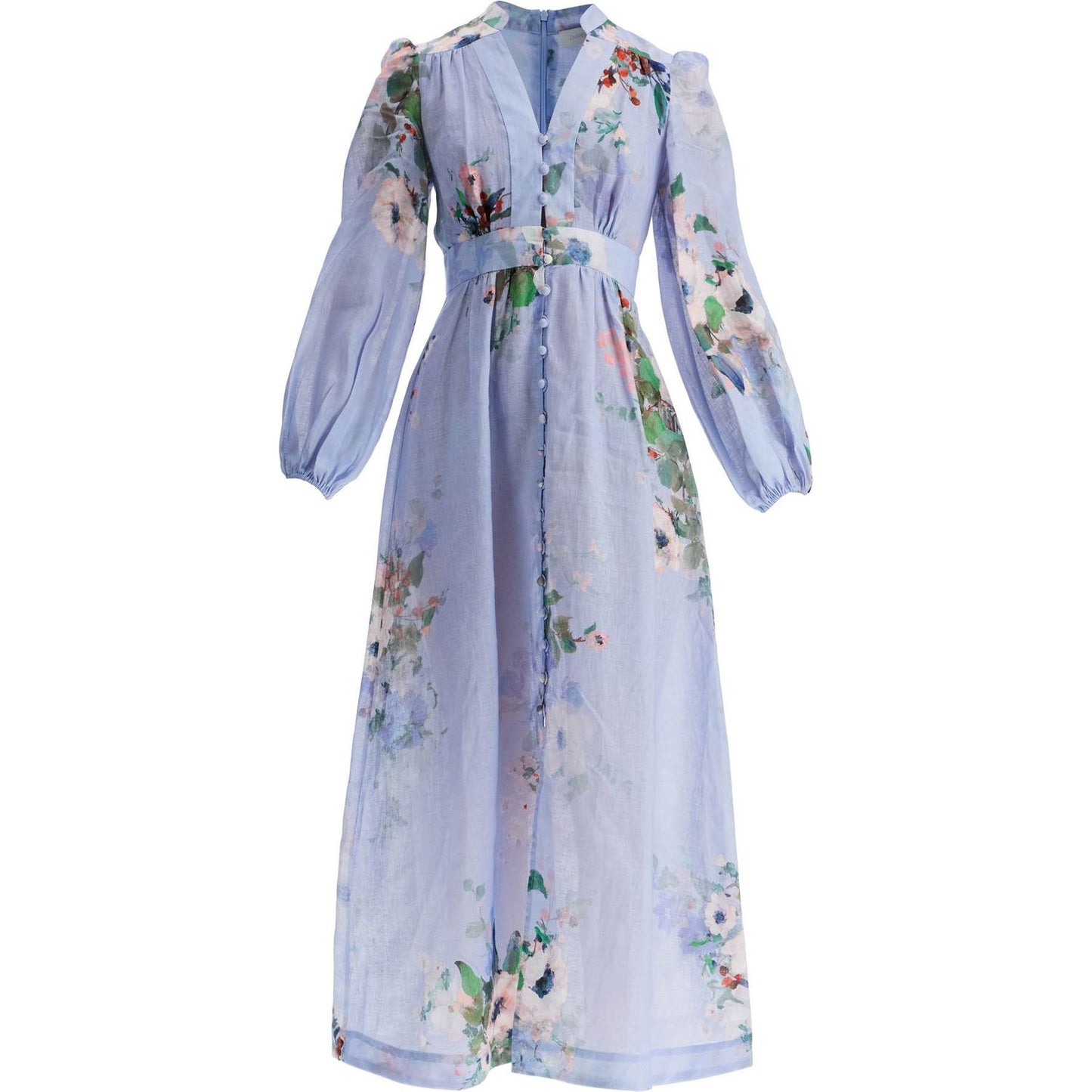 Zimmermann light blue watercolor floral midi dress with deep v neckline