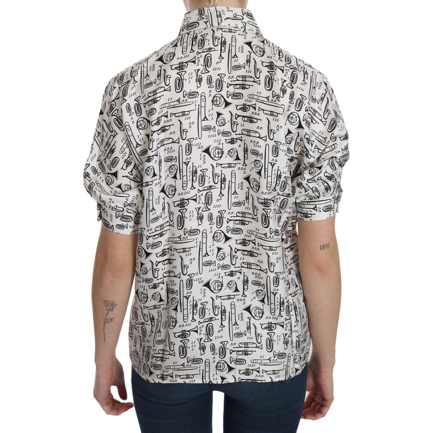 Dolce & Gabbana Musical Instrument Print Silk Collared Top Dolce & Gabbana