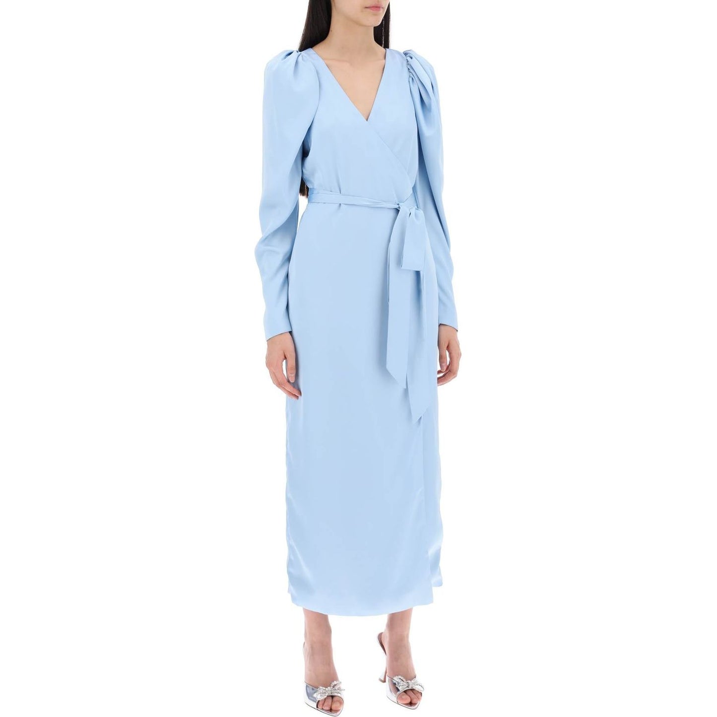 Rotate satin wrap midi dress with a crossover