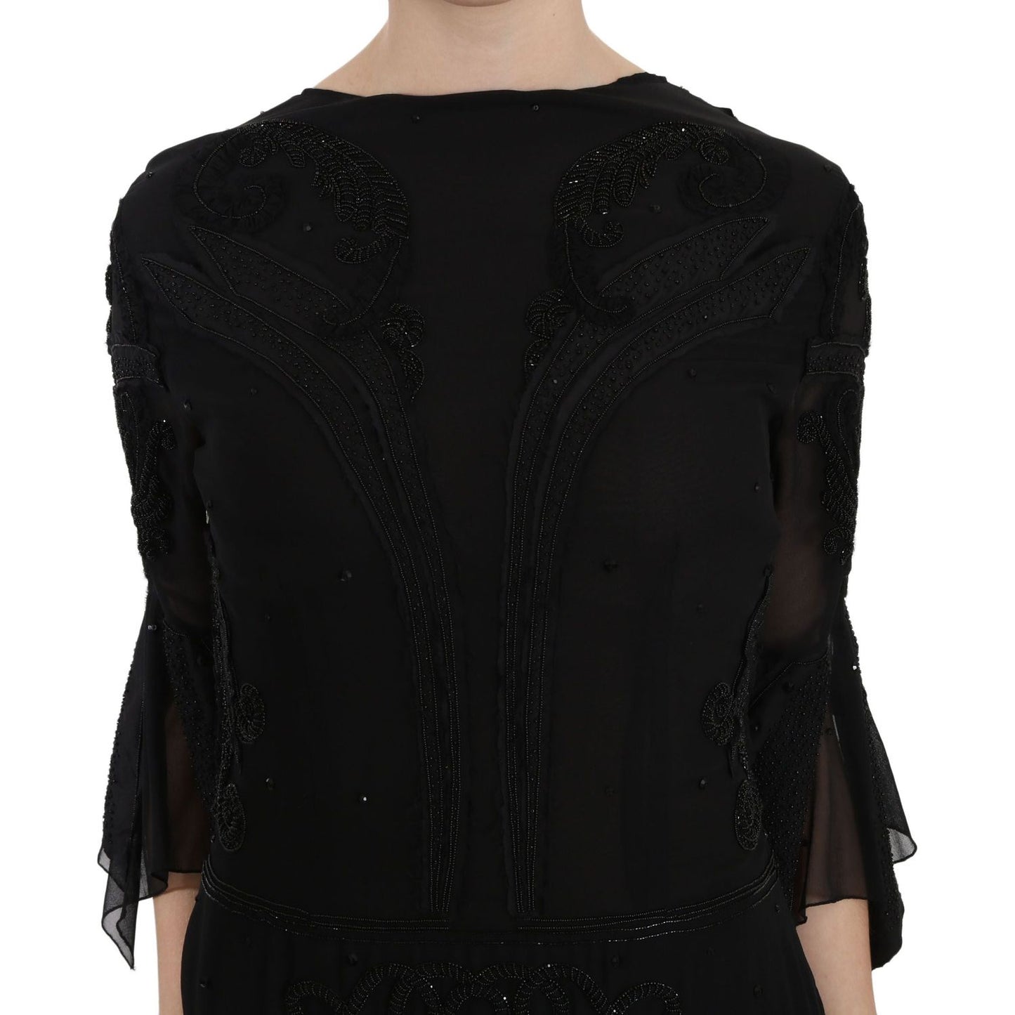 John Richmond Elegant Black Sequined Silk Mini Dress John Richmond