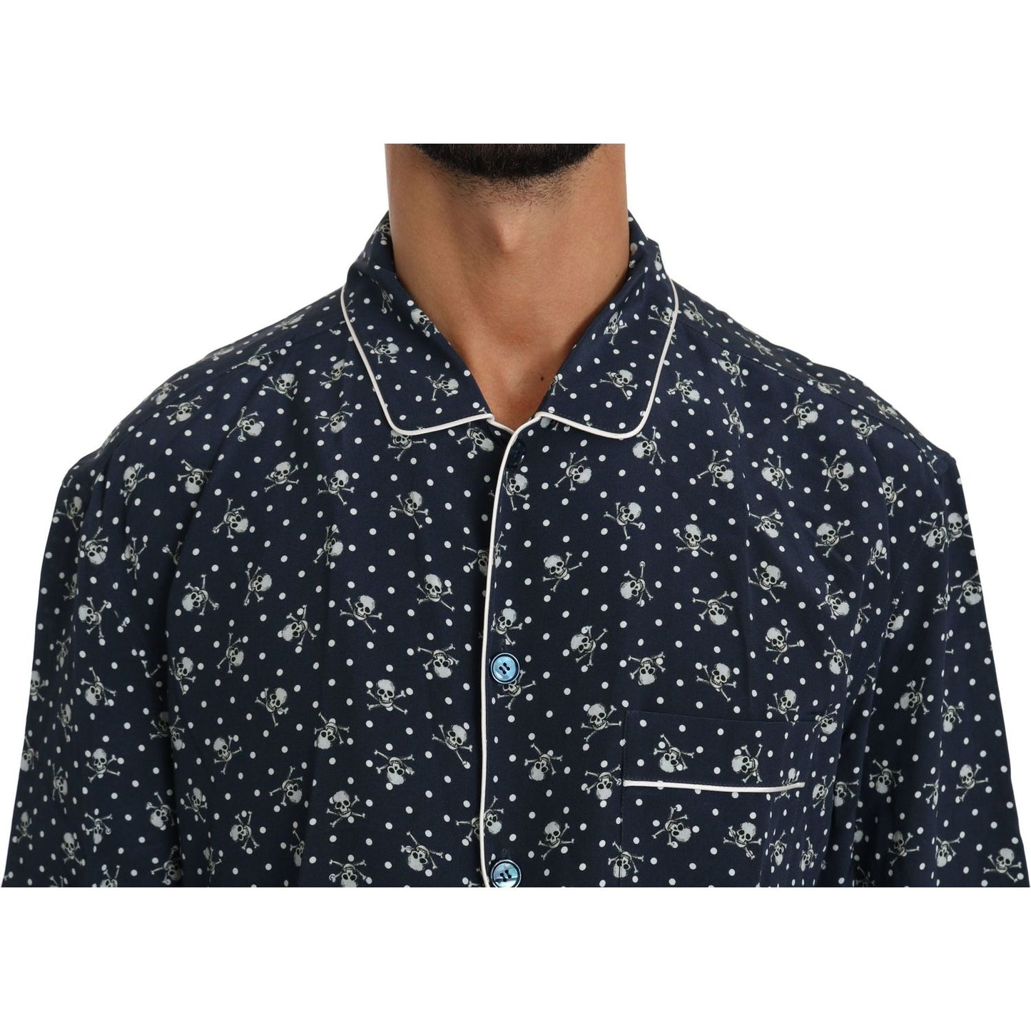 Dolce & Gabbana Silken Elegance: Blue Skull Print Lounge Shirt Dolce & Gabbana