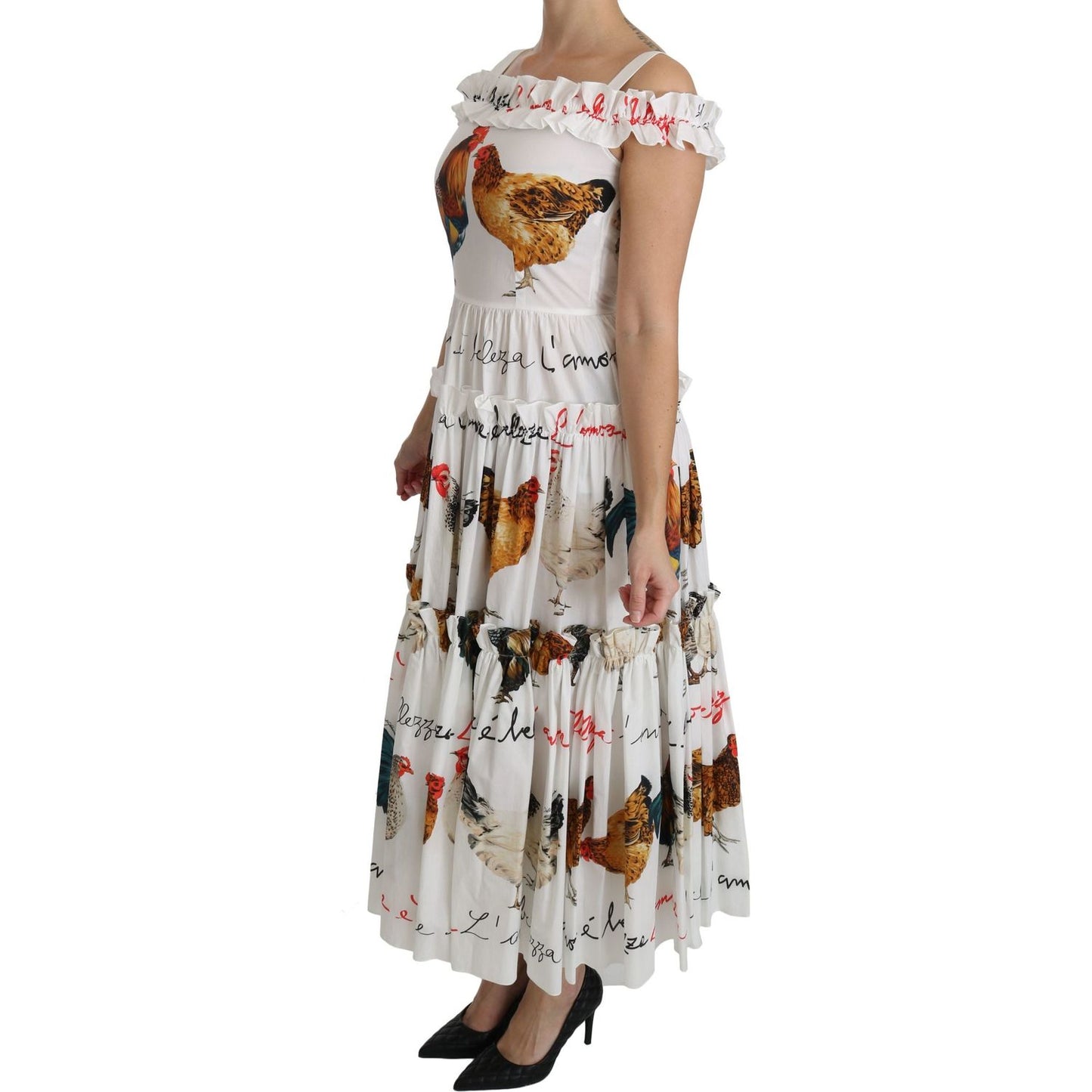 Dolce & Gabbana Elegant White Rooster Print Sheath Midi Dress Dolce & Gabbana