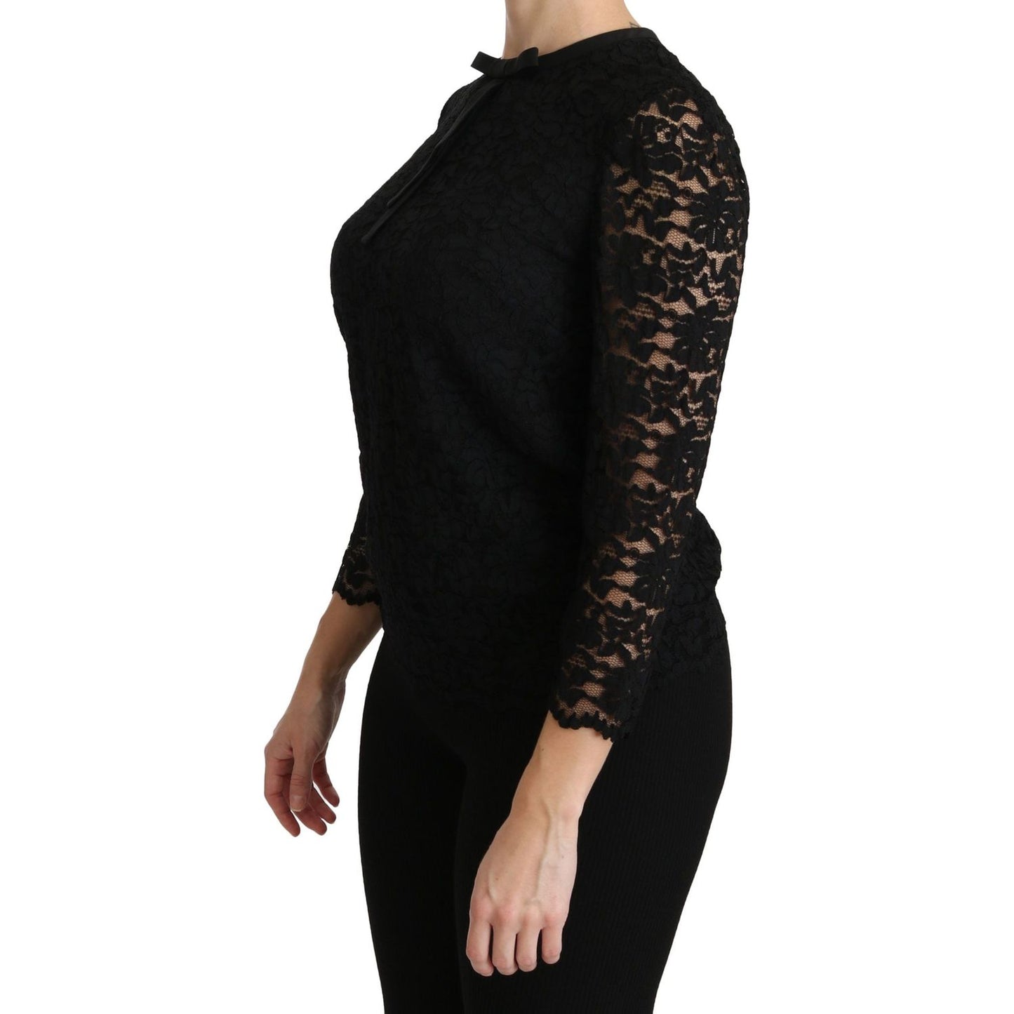 Dolce & Gabbana Elegant Black Lace Crew Neck Blouse Dolce & Gabbana