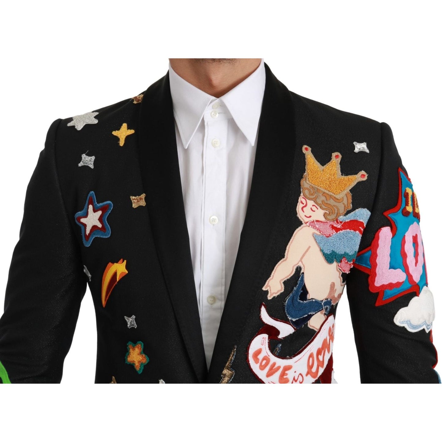 Dolce & Gabbana Chic Black Multicolor Motif Slim Fit Blazer Dolce & Gabbana