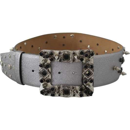 Stunning Silver Leather Crystal-Studded Belt