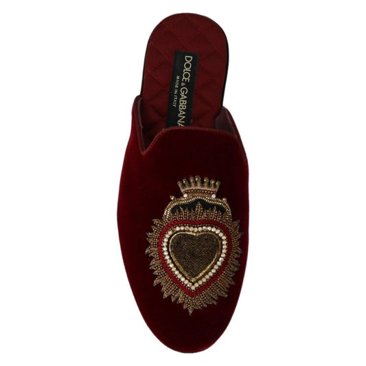 Dolce & Gabbana Red Velvet Embroidered Slides Dolce & Gabbana