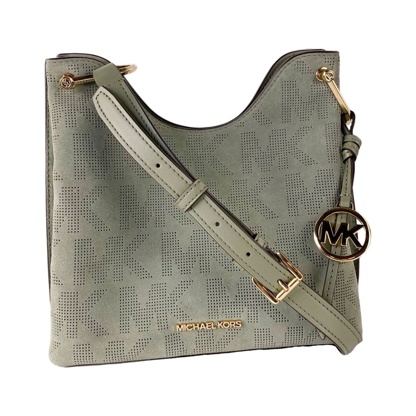 Michael Kors Joan Large Perforated Suede Leather Slouchy Messenger Handbag (Army Green) Messenger Bag Michael Kors