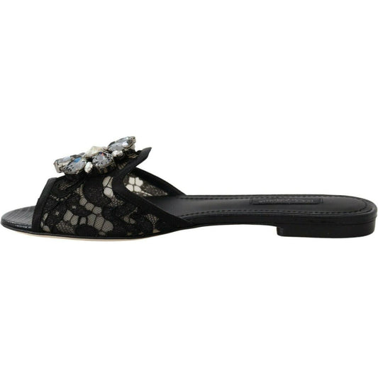 Dolce & Gabbana Elegant Black Lace Mules with Jewel Flower Detail Dolce & Gabbana