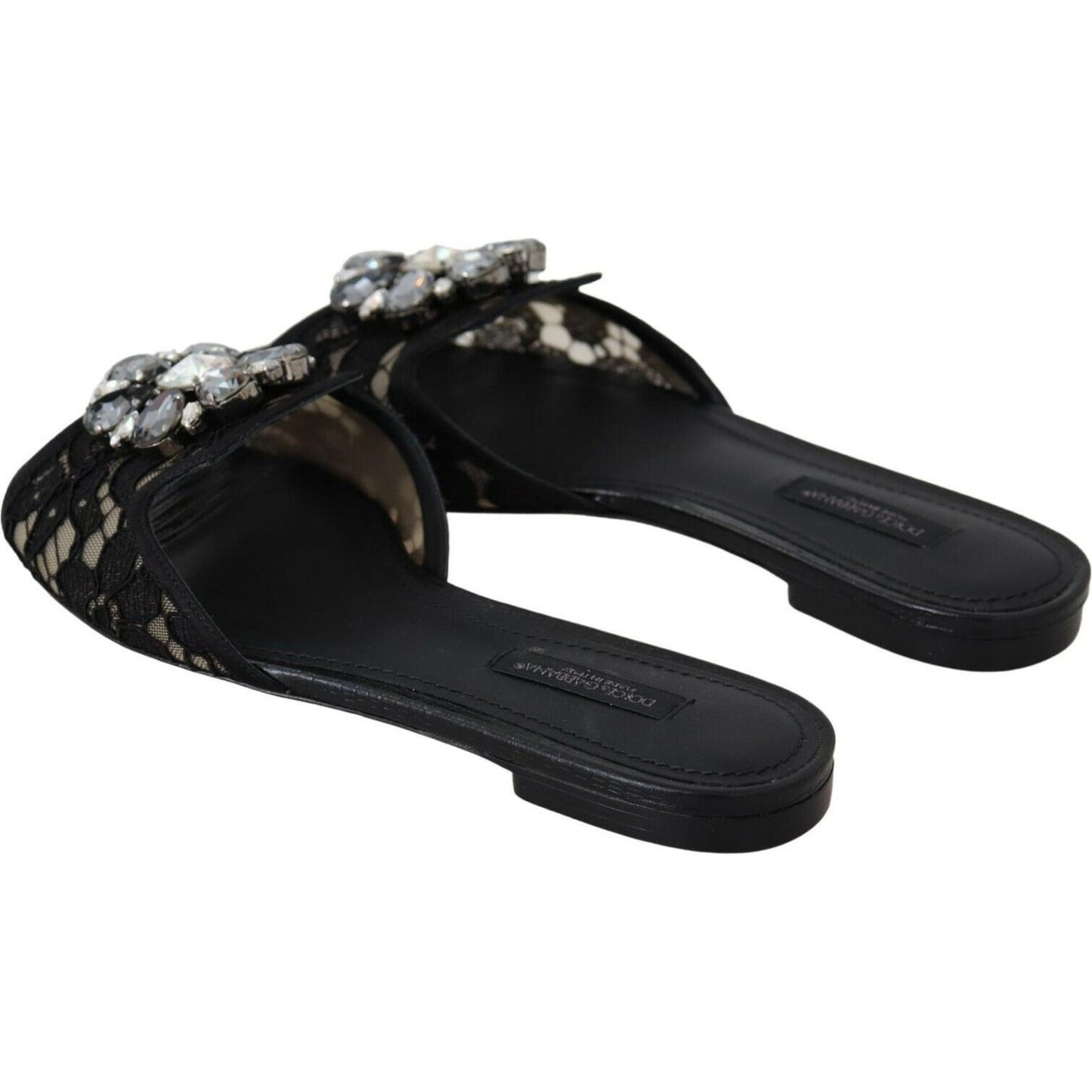 Dolce & Gabbana Elegant Black Lace Mules with Jewel Flower Detail Dolce & Gabbana