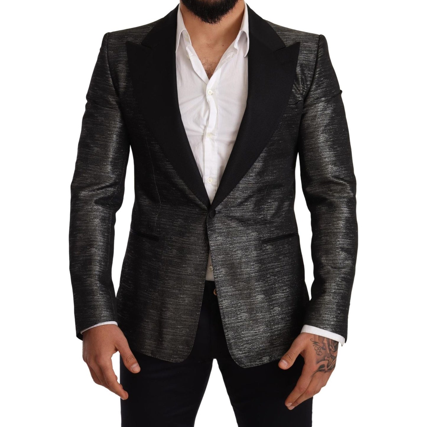 Dolce & Gabbana Metallic Gray Jacquard Slim Fit Blazer Dolce & Gabbana