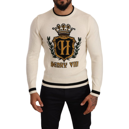 Dolce & Gabbana Elegant Snow-White Heraldic Cashmere Sweater Dolce & Gabbana