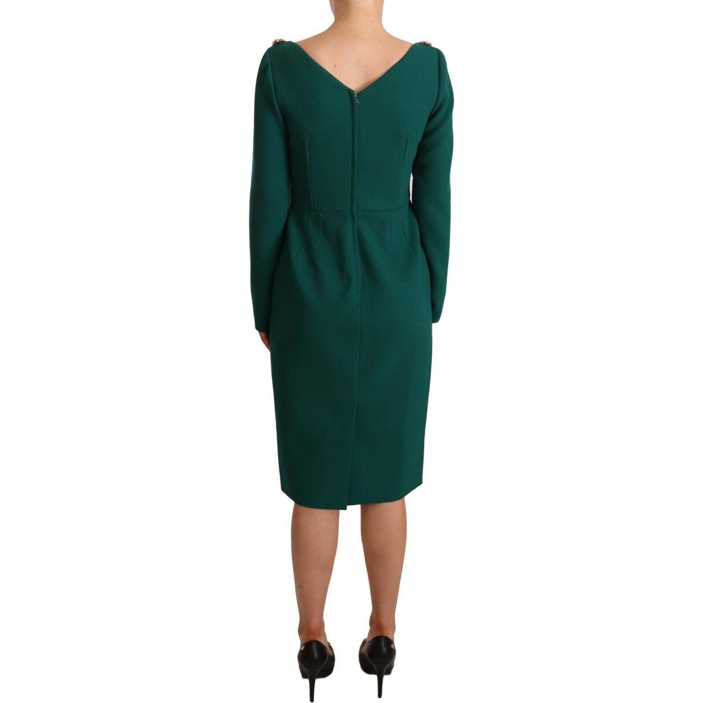 Dolce & Gabbana Emerald Green Midi Sheath Dress with Crystal Brooch Dolce & Gabbana