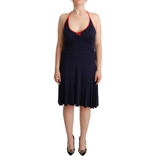 Roccobarocco Navy Blue Cotton Midi Halter Dress WOMAN DRESSES Roccobarocco