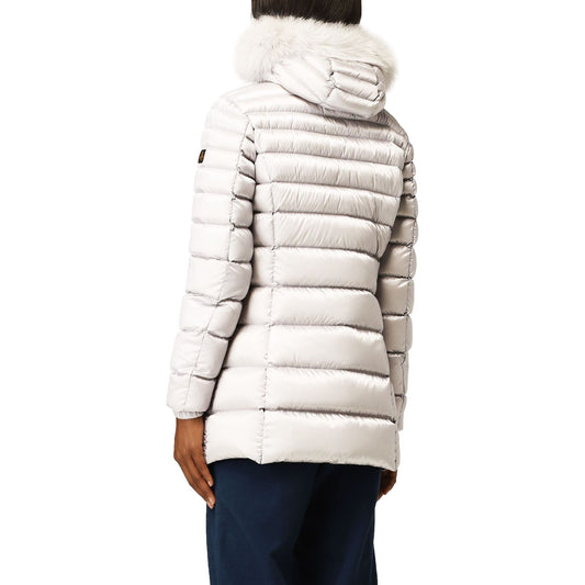 Chic White Padded Down Jacket with Fur Hood