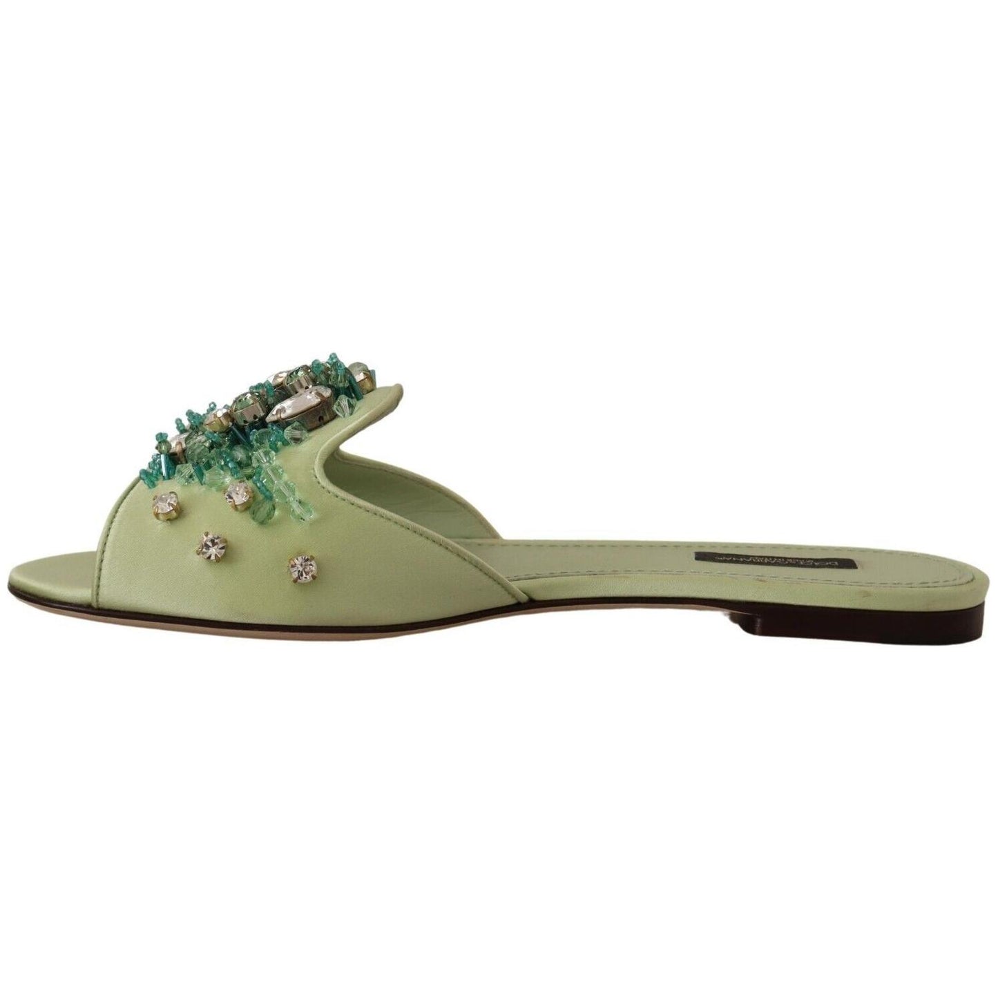 Dolce & Gabbana Elegant Crystal-Embellished Green Leather Slides Dolce & Gabbana