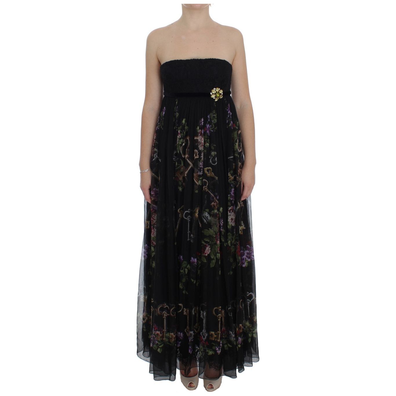 Dolce & Gabbana Multicolor Rose & Key Print Maxi Dress with Crystal WOMAN DRESSES Dolce & Gabbana