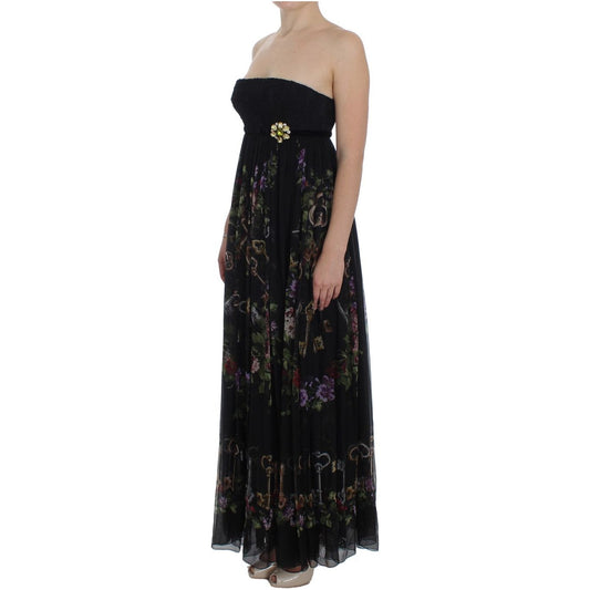 Dolce & Gabbana Multicolor Rose & Key Print Maxi Dress with Crystal WOMAN DRESSES Dolce & Gabbana