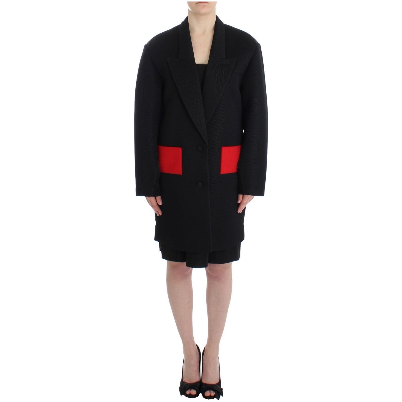 KAALE SUKTAE Elegant Draped Long Coat in Black with Red Accents Blazer Jacket KAALE SUKTAE