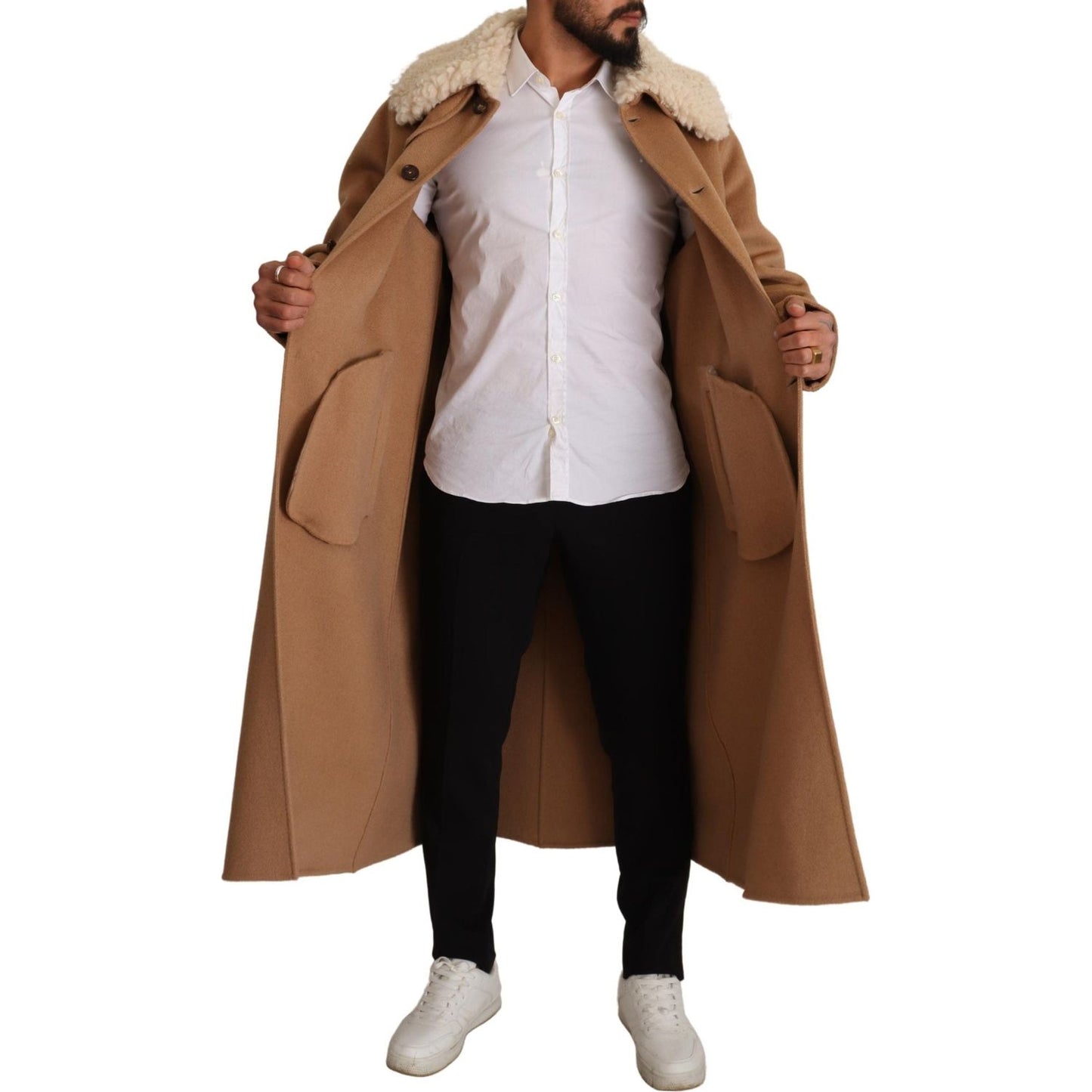 Dolce & Gabbana Opulent Beige Shearling-Collar Overcoat Dolce & Gabbana