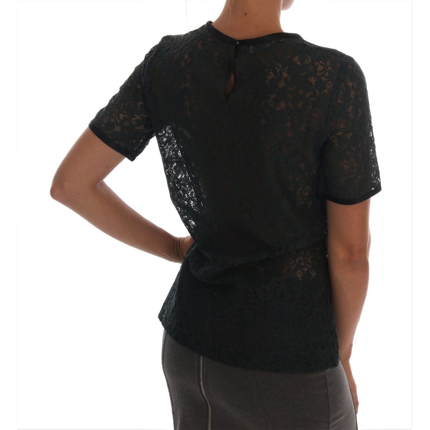 Dolce & Gabbana Dark Green Floral Lace Short Sleeve Blouse Dolce & Gabbana