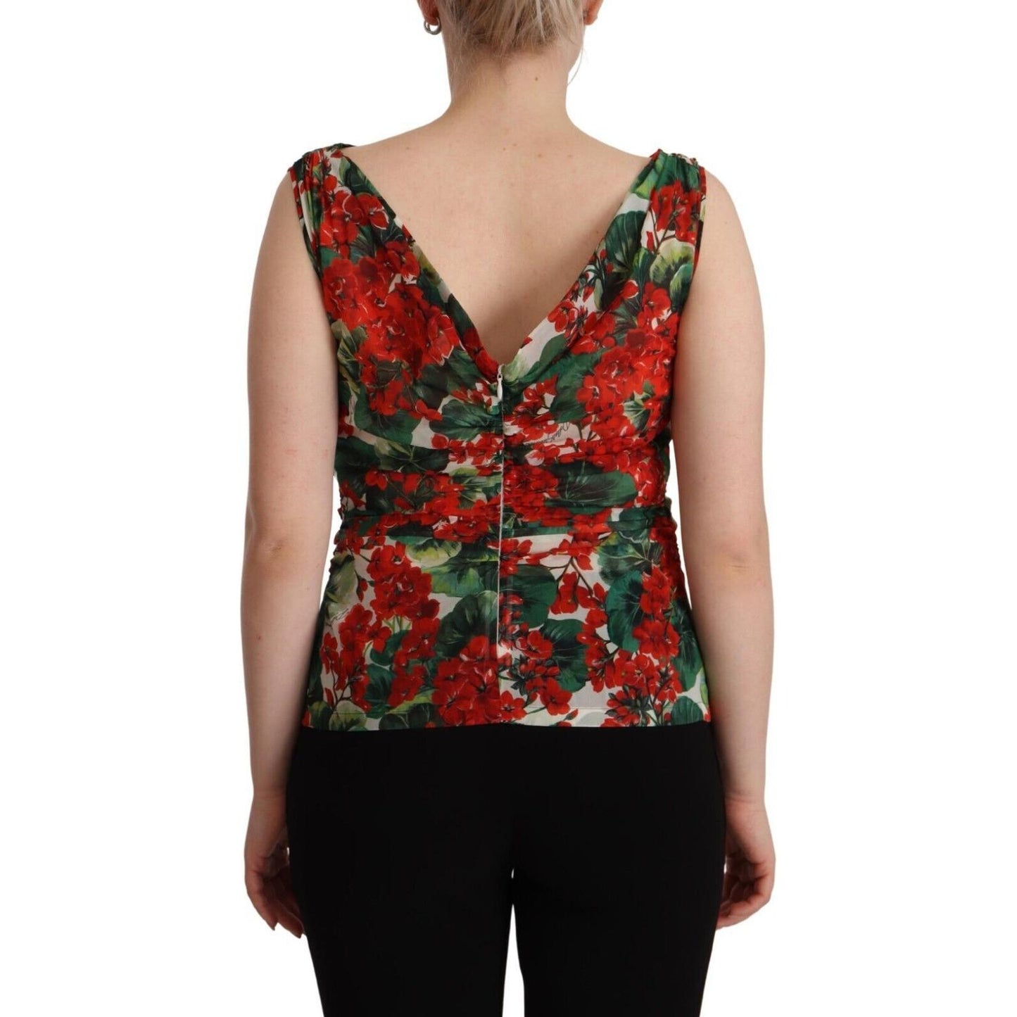 Dolce & Gabbana Elegant V-Neck Geranium Print Silk Tank Top Dolce & Gabbana