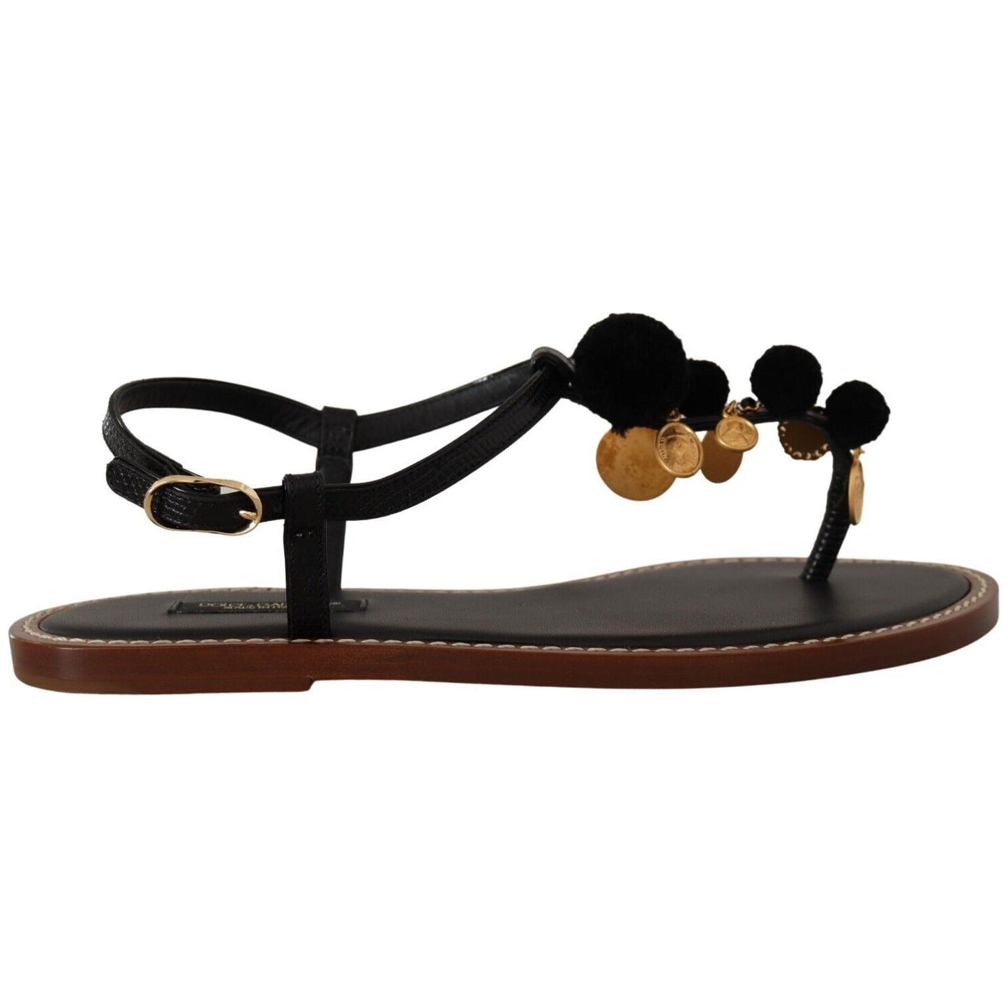 Dolce & Gabbana Chic Leather Ankle Strap Flats with Gold Detailing Dolce & Gabbana