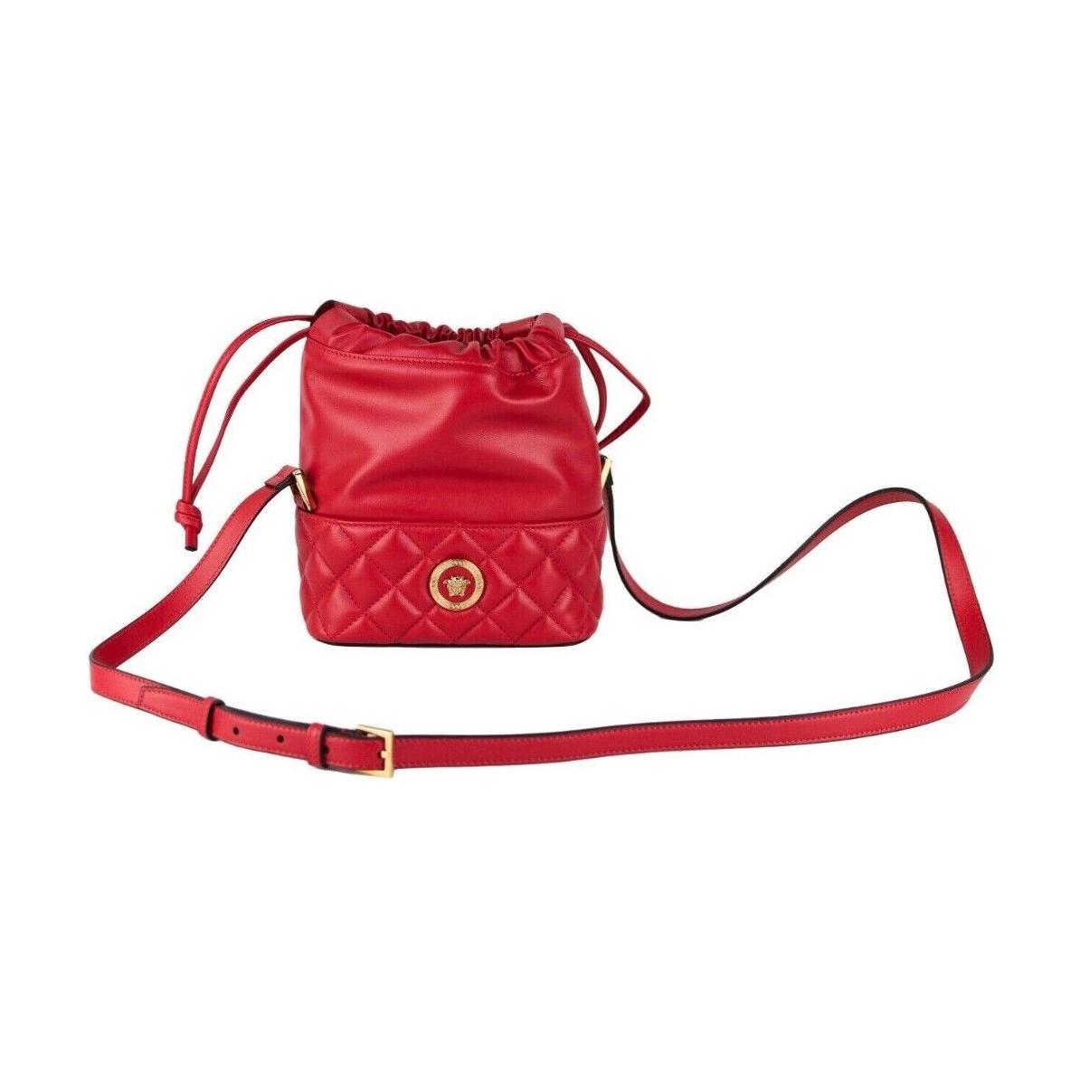 Versace Red Quilted Leather Drawstring Shoulder Bag Bucket Crossbody Handbag Versace