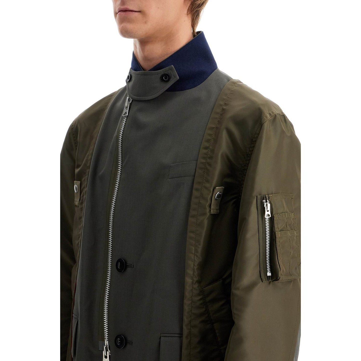 Sacai hybrid nylon and wool blend jacket.