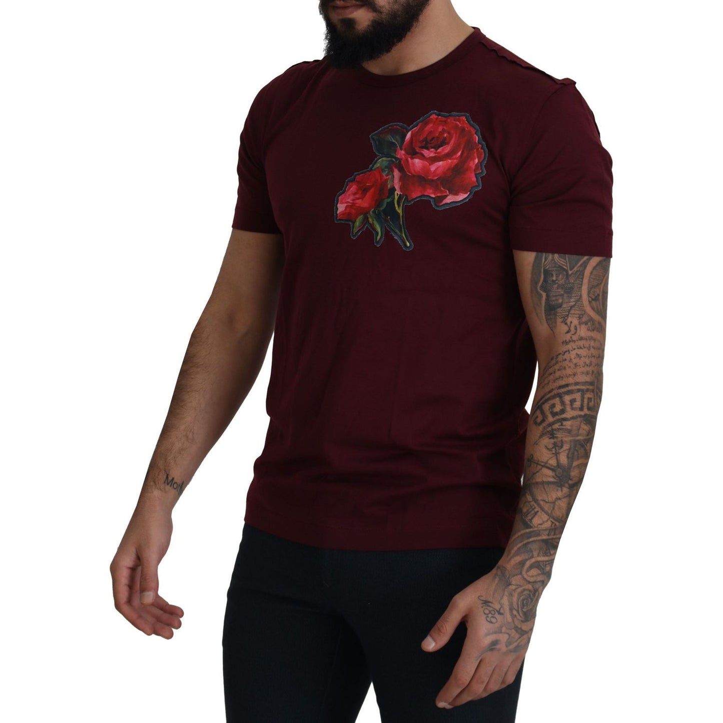 Dolce & Gabbana Elegant Bordeaux Roses Motif Crewneck Tee Dolce & Gabbana