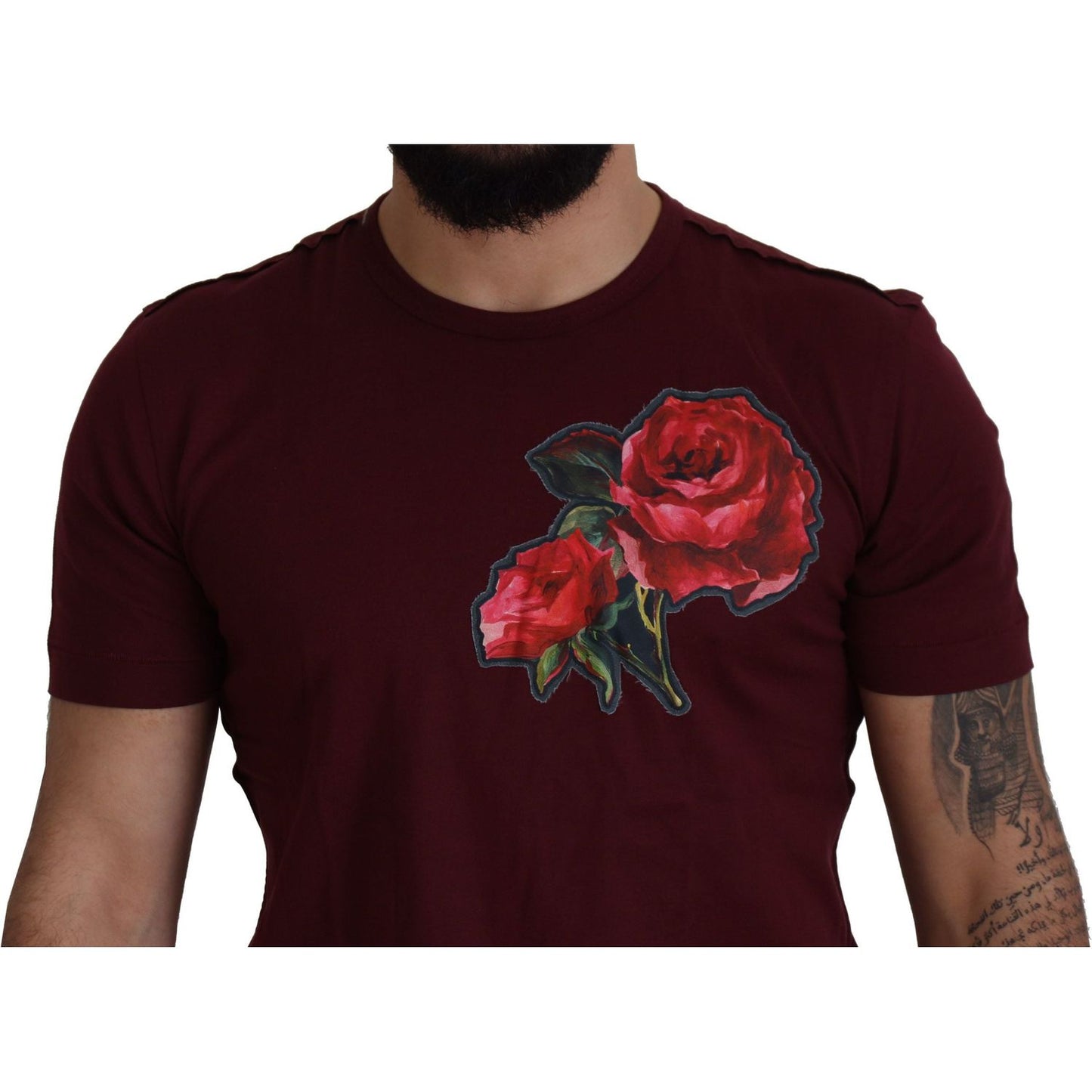 Dolce & Gabbana Elegant Bordeaux Roses Motif Crewneck Tee Dolce & Gabbana