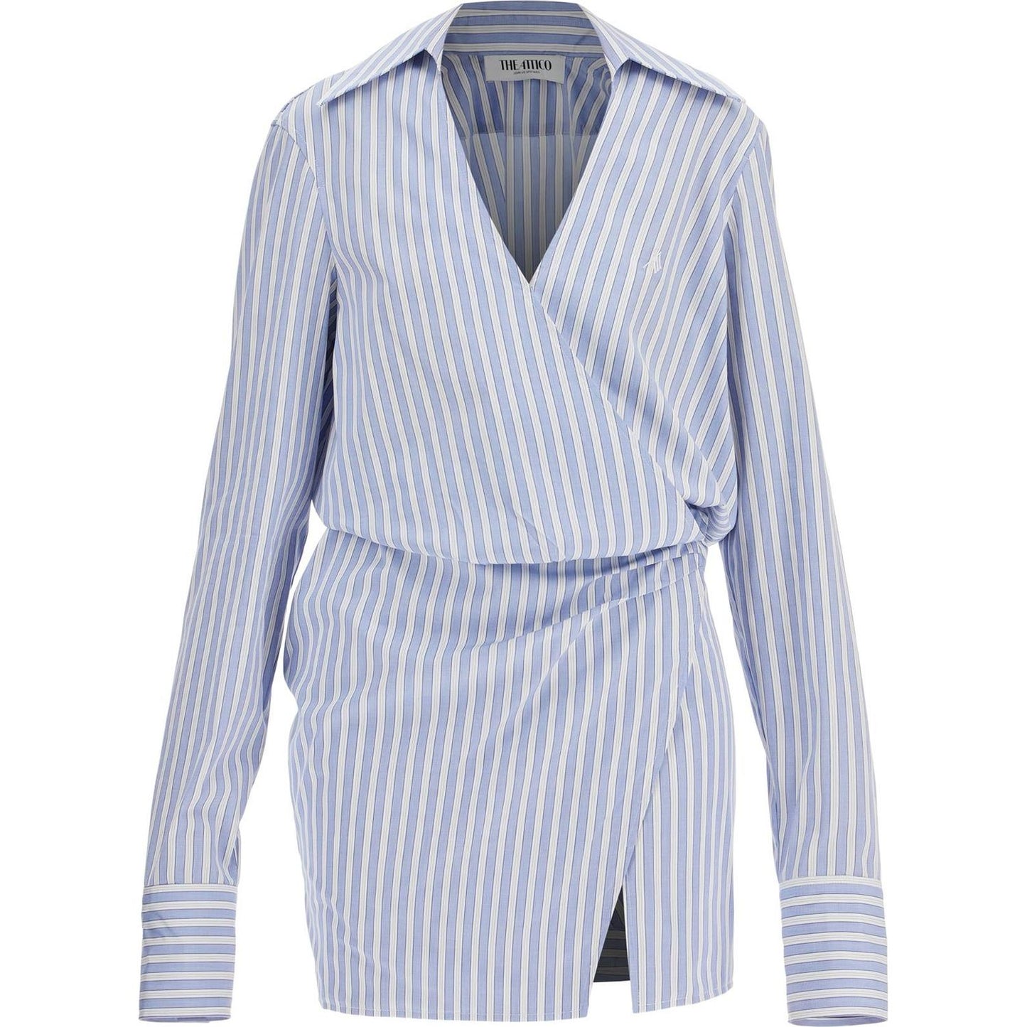 The Attico mini striped dress with v-neck*** long sleeves*** white and navy blue cotton*** tied waist