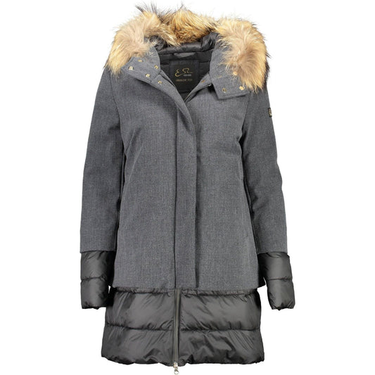 Elegant Long-Sleeve Down Jacket with Removable Fur Hood