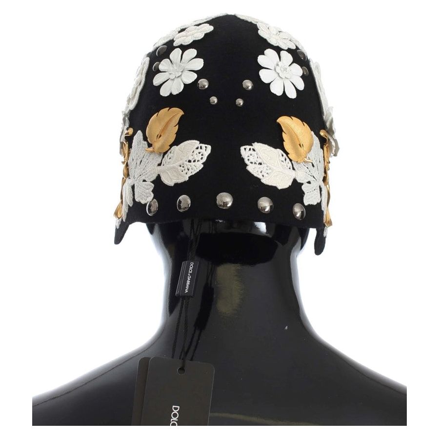 Dolce & Gabbana Elegant Black Floral Wool Cloche Hat Hat Dolce & Gabbana