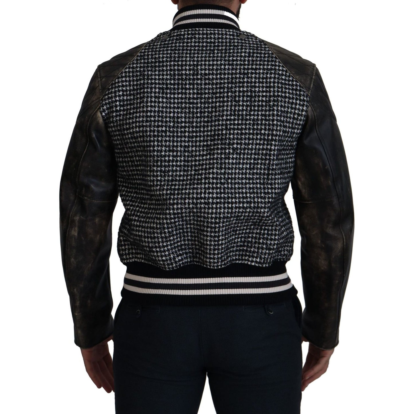 Dolce & Gabbana Multicolor Houndstooth Leather Bomber Jacket Dolce & Gabbana