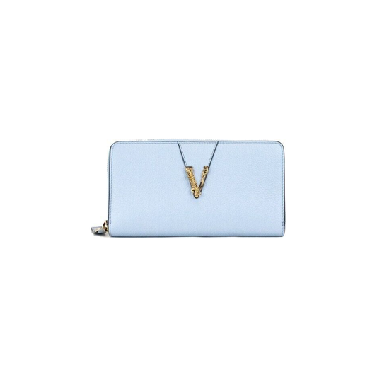 Versace Large Cornflower Grainy Leather Gold Monogram Zip Around Clutch Wallet Versace