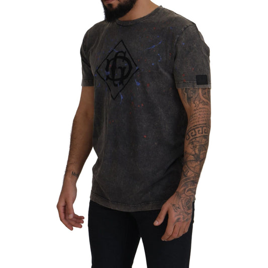 Dolce & Gabbana Elevated Grey Cotton Tee with Discolored DG Logo Dolce & Gabbana