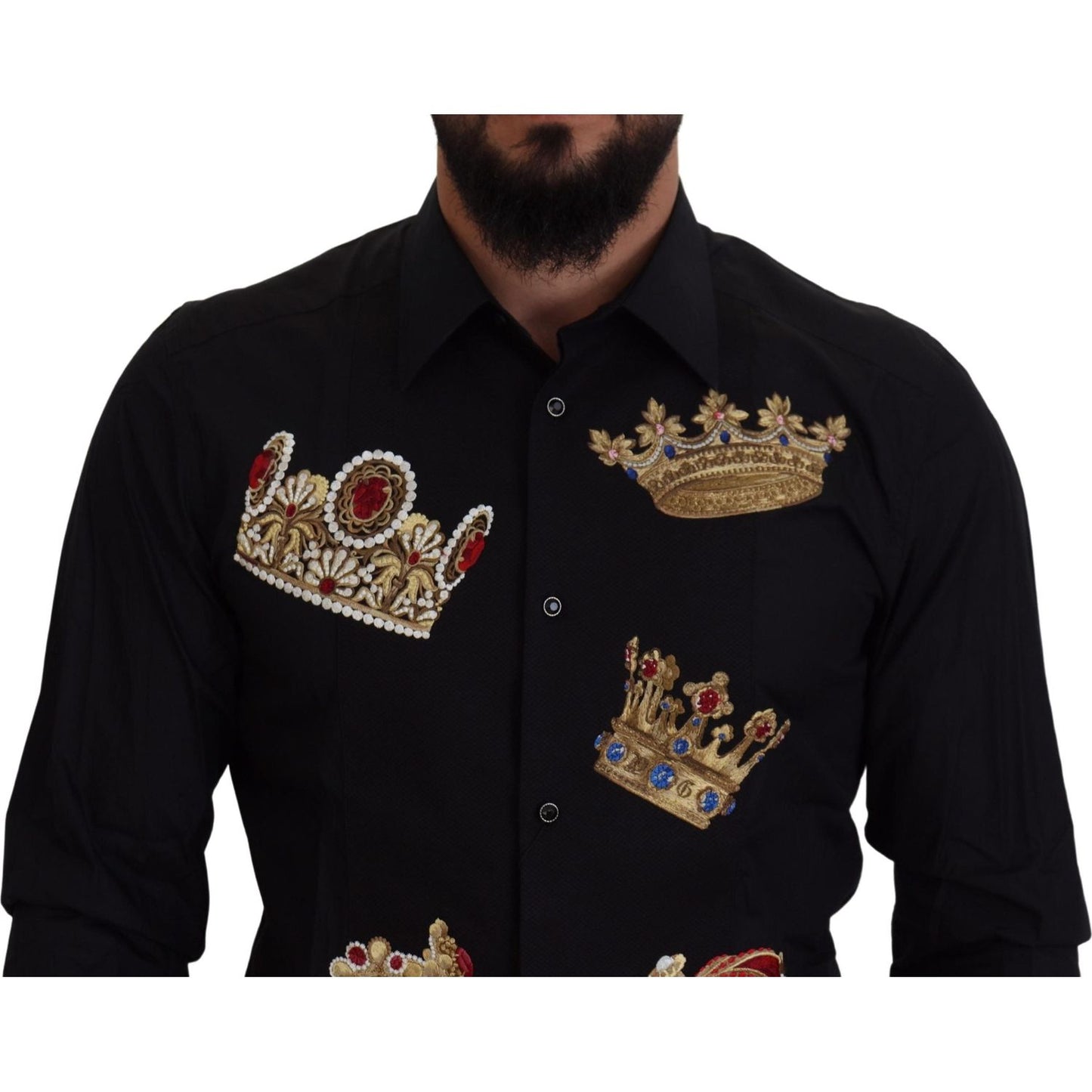 Dolce & Gabbana Elegant Black Slim Fit Dress Shirt with Crown Embroidery Dolce & Gabbana