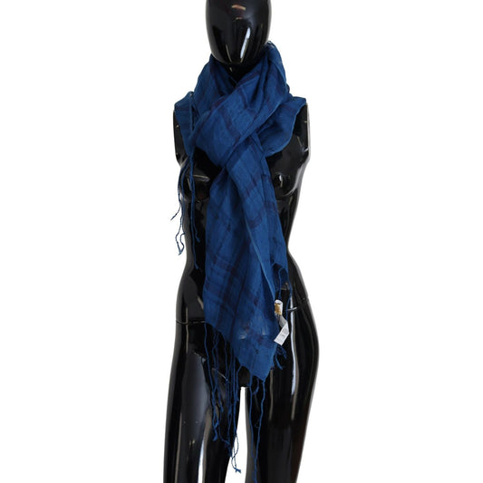 Costume National Chic Linen Fringed Scarf in Blue Checkered Costume National