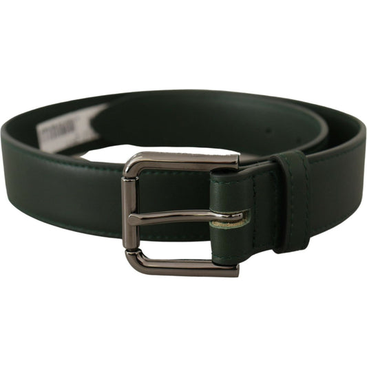 Dolce & Gabbana Elegant Dark Green Leather Belt with Logo Buckle Dolce & Gabbana