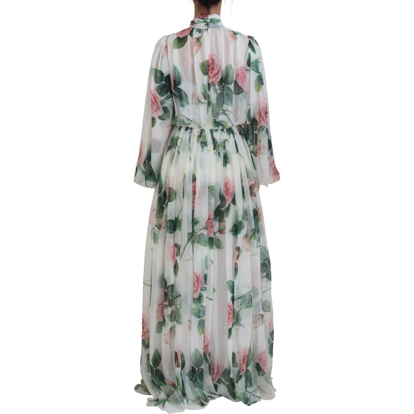 Dolce & Gabbana Elegant White Silk Maxi Dress with Rose Print Dolce & Gabbana