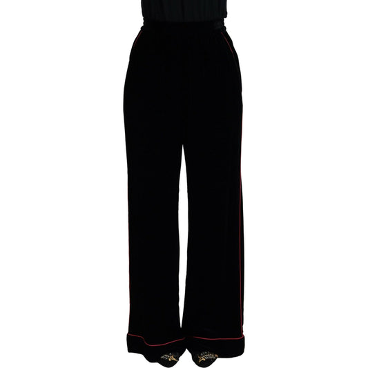 Sleek Black Velvet High-Waist Pants with Pink Stripes