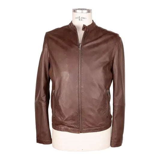 Emilio Romanelli Elegant Brown Leather Jacket with Snap Collar Emilio Romanelli