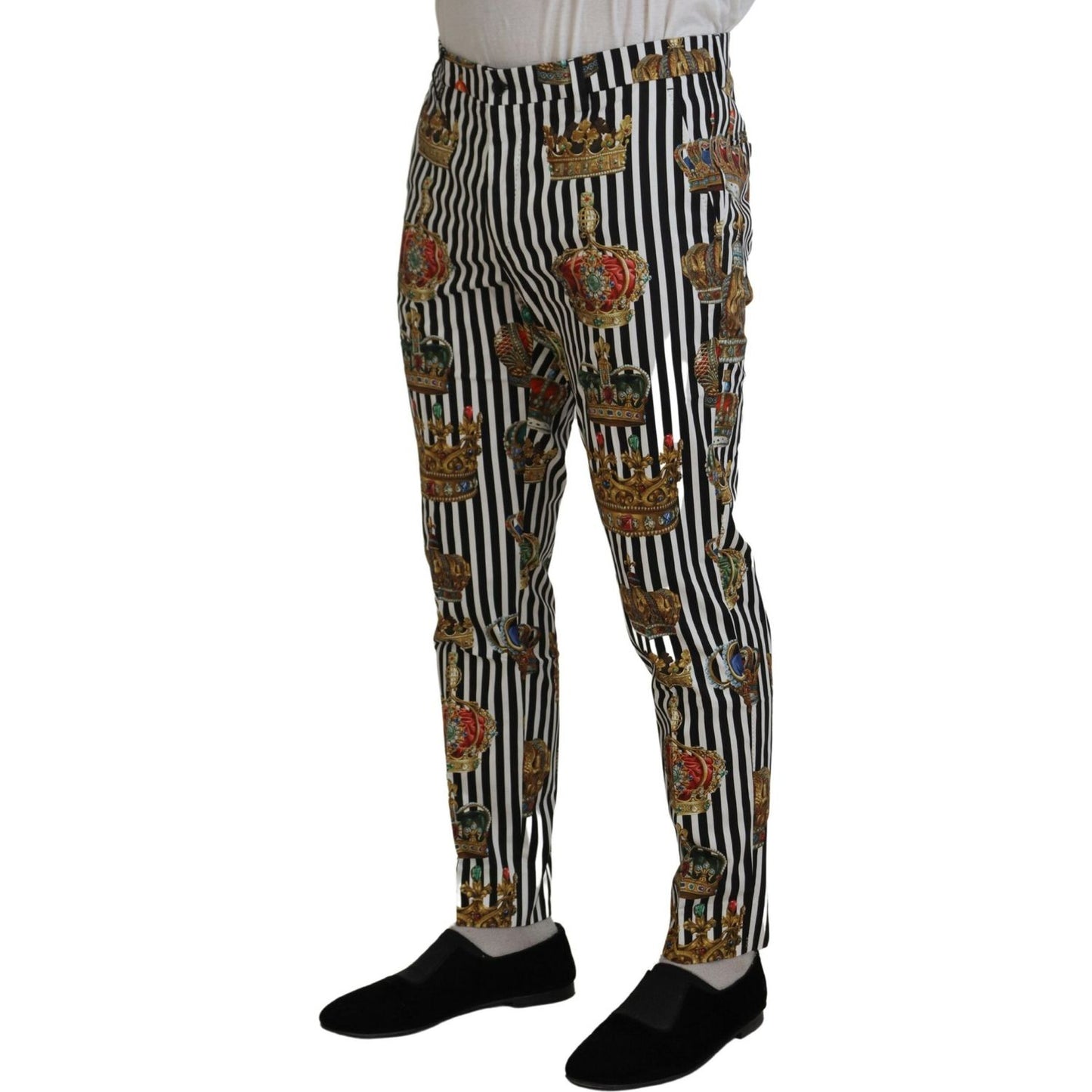 Dolce & Gabbana Elegant Gold Crown Stripe Chino Pants Dolce & Gabbana