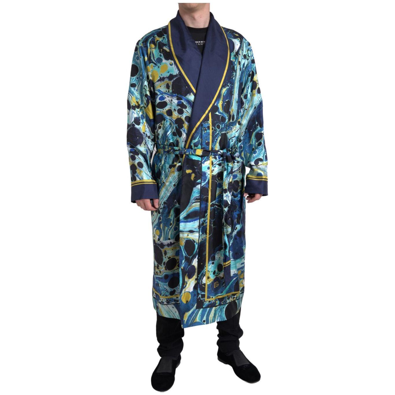 Dolce & Gabbana Marble Blue Silk Long Robe Luxury Sleepwear Dolce & Gabbana