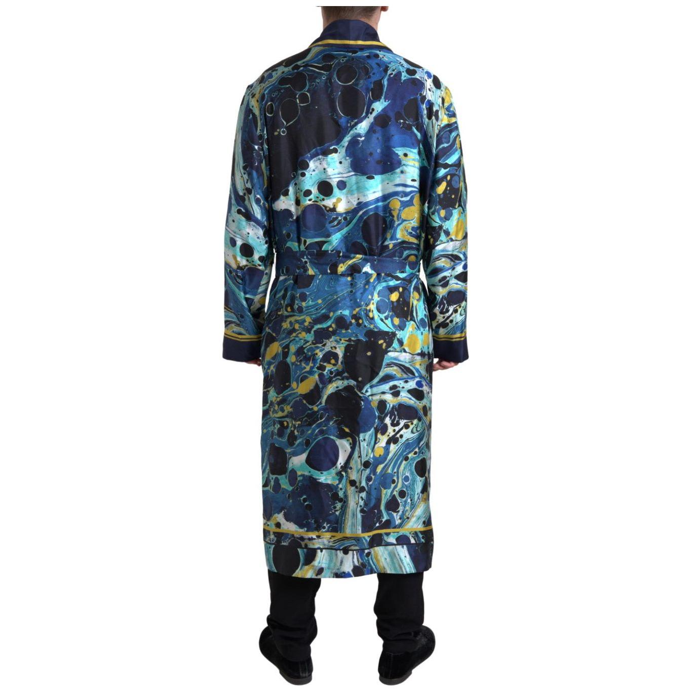 Dolce & Gabbana Marble Blue Silk Long Robe Luxury Sleepwear Dolce & Gabbana