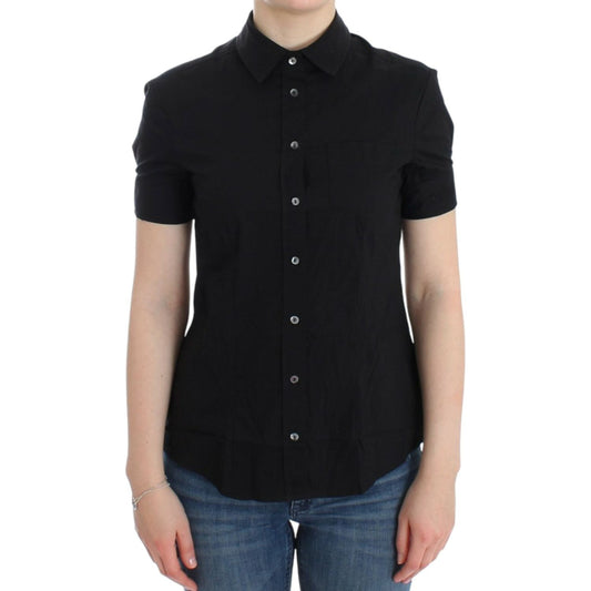 John Galliano Elegant Black Cotton Stretch Shortsleeve Blouse John Galliano