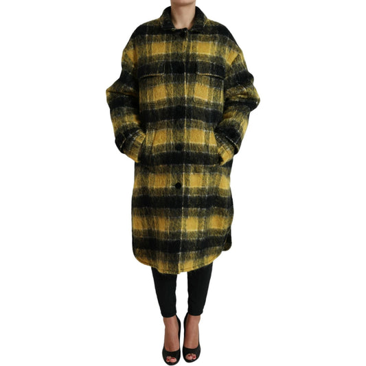 Chic Plaid Long Coat in Sunshine Yellow