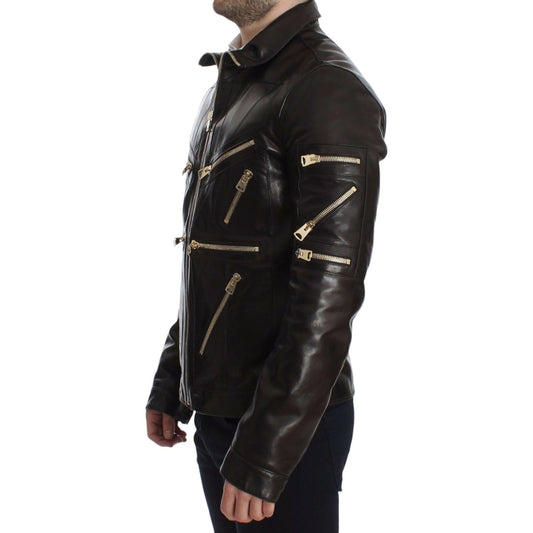 Dolce & Gabbana Elegant Brown Gold-Detailed Leather Jacket Dolce & Gabbana