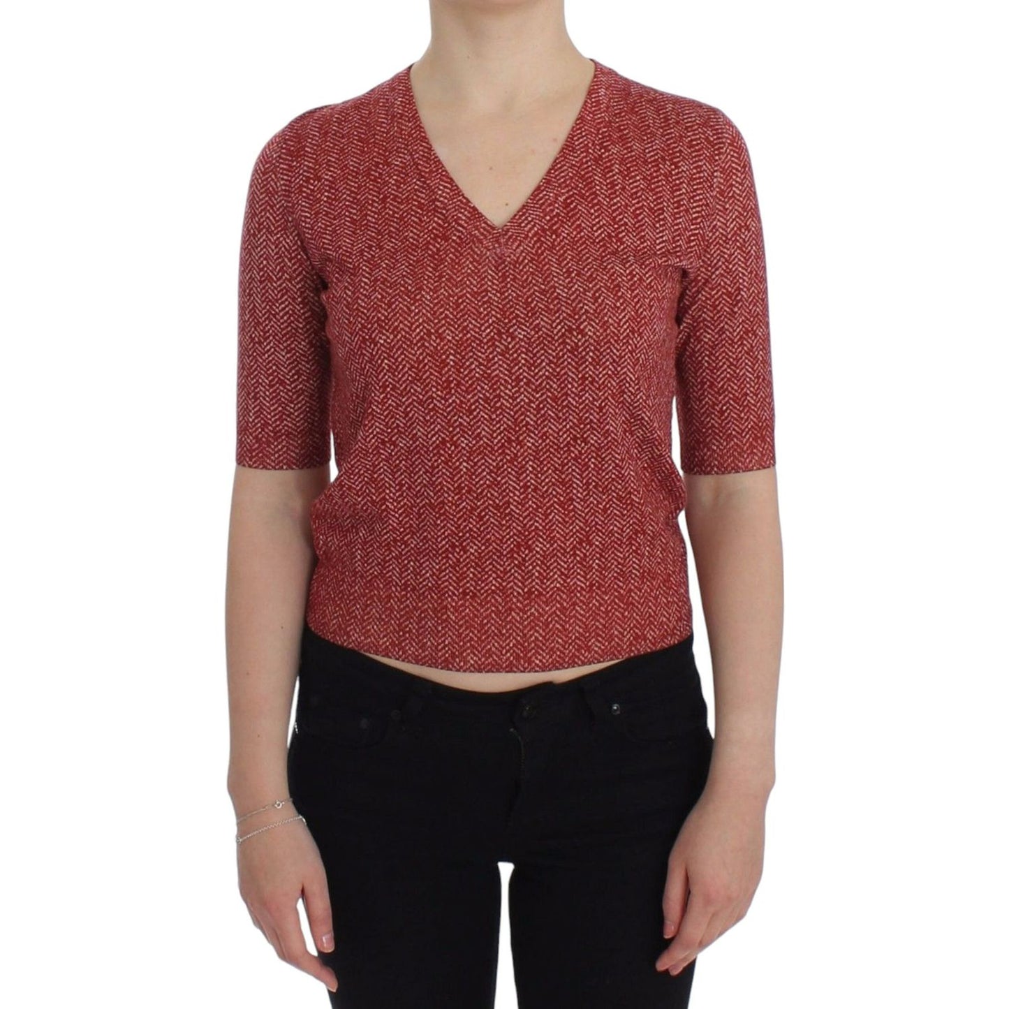 Dolce & Gabbana Enchanting Red Tweed V-Neck Sweater Dolce & Gabbana