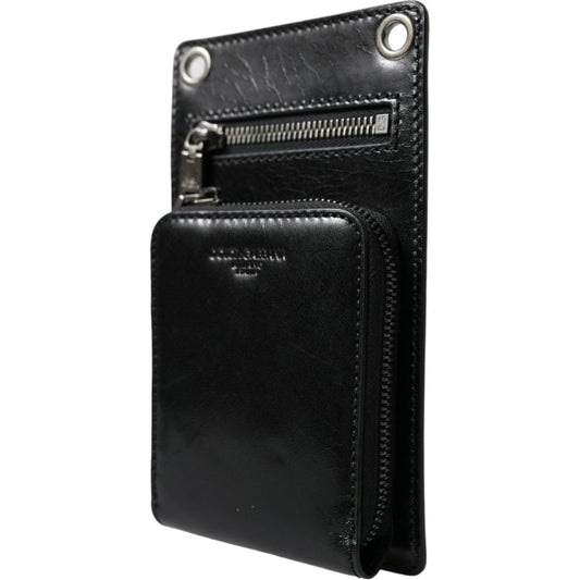 Dolce & Gabbana Black Calf Leather Zip Logo Shoulder Neck Strap Wallet Dolce & Gabbana